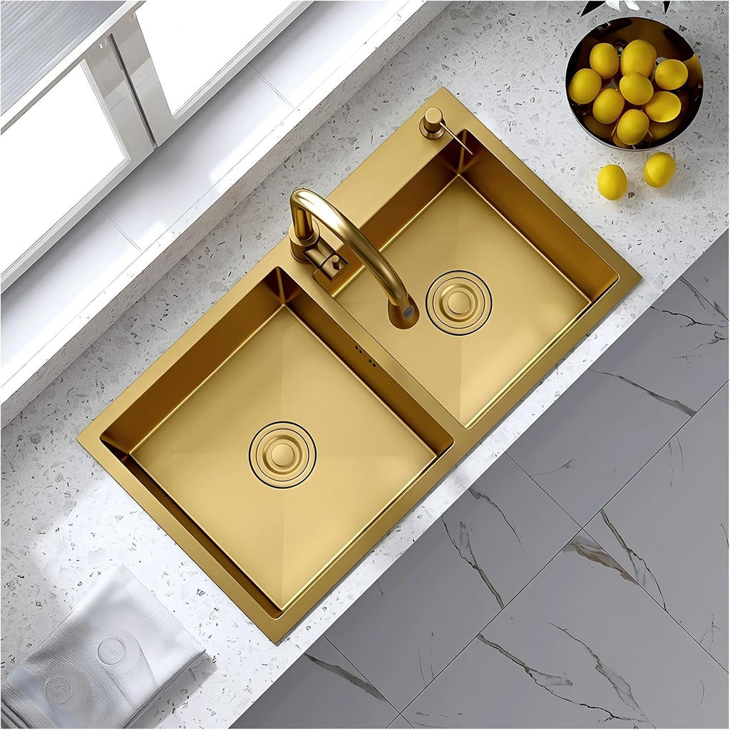 Stainless Steel Double Bowl Kitchen Sink, Drop-In Workstation Sink, With Retractable Drain Basket, Drain Sets Included, Large Undermount Farmhouse Sink, Top-Mount Kitchen Bar Sink(B,75x40x22cm)