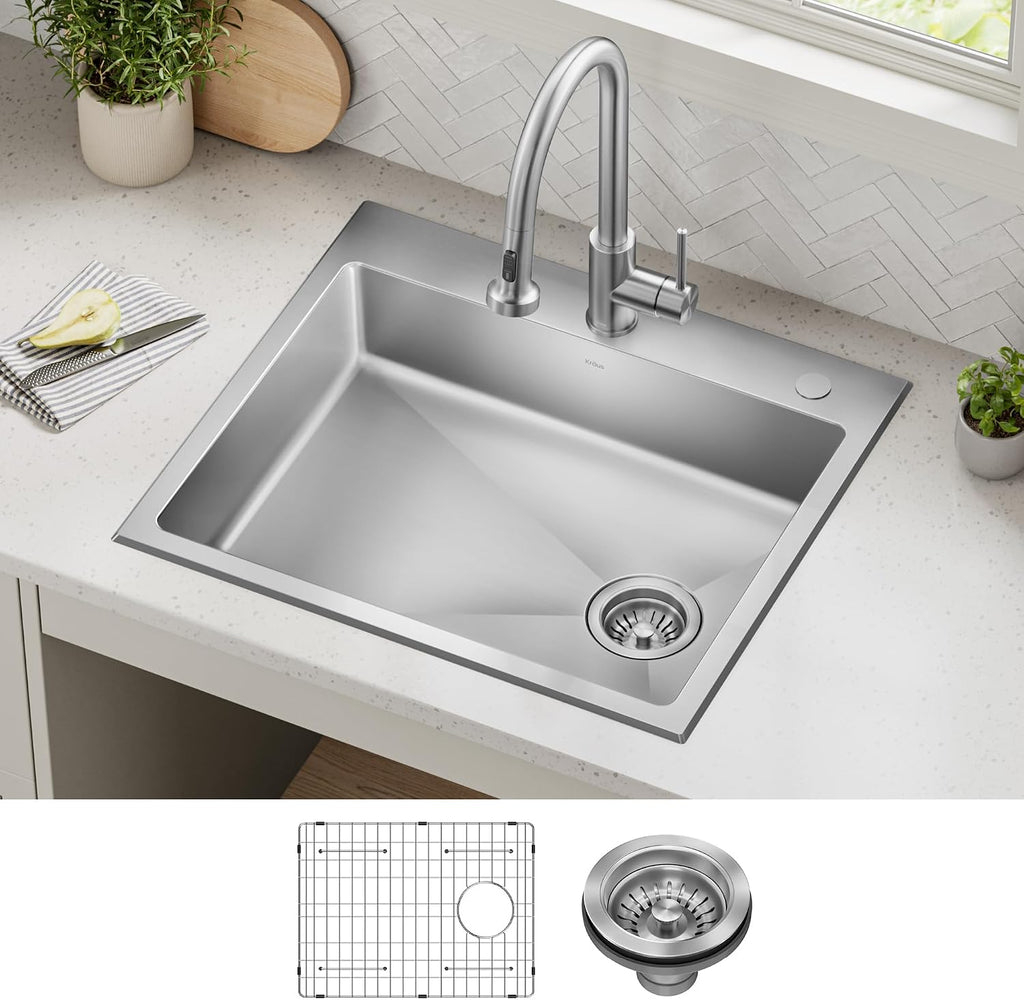 KRAUS Fairlane 25-inch ADA Compliant Drop In/Top Mount Single Bowl 18-Gauge Stainless Steel Kitchen Sink, KHT641-25-5.5