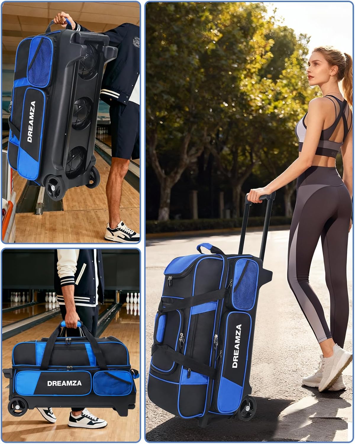 3 Ball Bowling Bags with Wheels & Shoe Pocket, Premium Bowling Ball Bag 3 Ball Roller, Effortless-Rolling 3 Ball Bowling Bag w/Multi-Storage Pockets & Telescopic Handle Extends to 40''