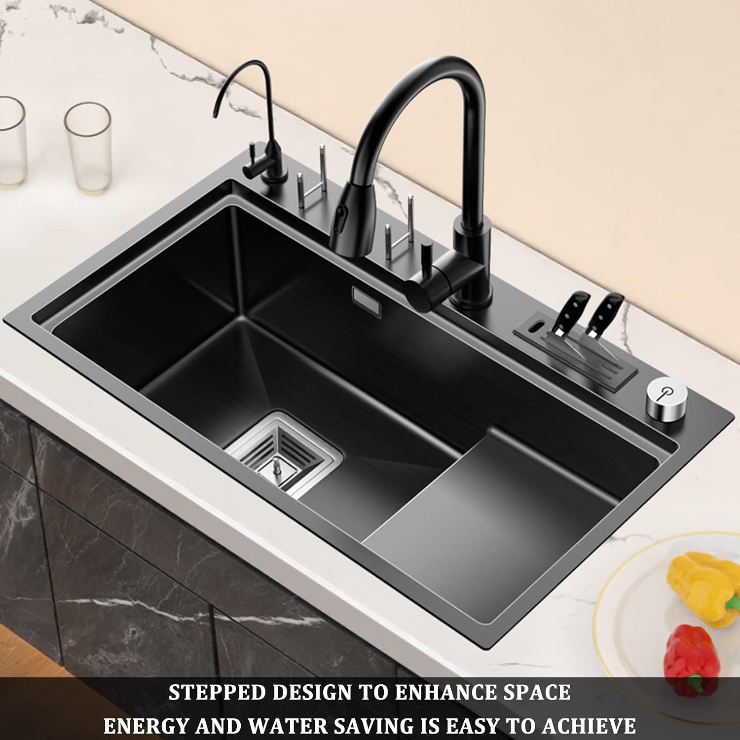 Stepped Kitchen Sink 304 Stainless Steel Single Bowl Bar Prep Sink Multi-functional RV Sink with Faucet and Cup Washer Top Mount Or Undermount (Color : Black, Size : 80x47x20cm) (Black 78x46x20cm)