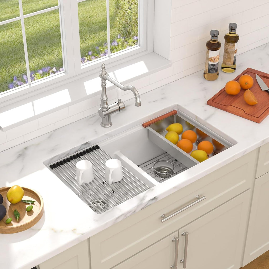 Dcolora 33 Inch Granite Compoisite Kitchen Sink White Undermount Kitchen Sink 50/50 Double Bowl Workstation Elegant Under Counter basin 33'×19'×10'，#DC-GX3327