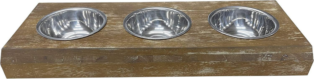 | 3 Bowl Dog Feeder - Aluminum Bowls - Washed Oak Finish - Raised Dog Feeder - 16 inch Tall - Brown