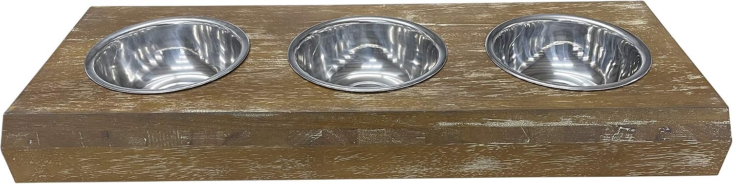 | 3 Bowl Dog Feeder - Aluminum Bowls - Washed Oak Finish - Raised Dog Feeder - 16 inch Tall - Brown
