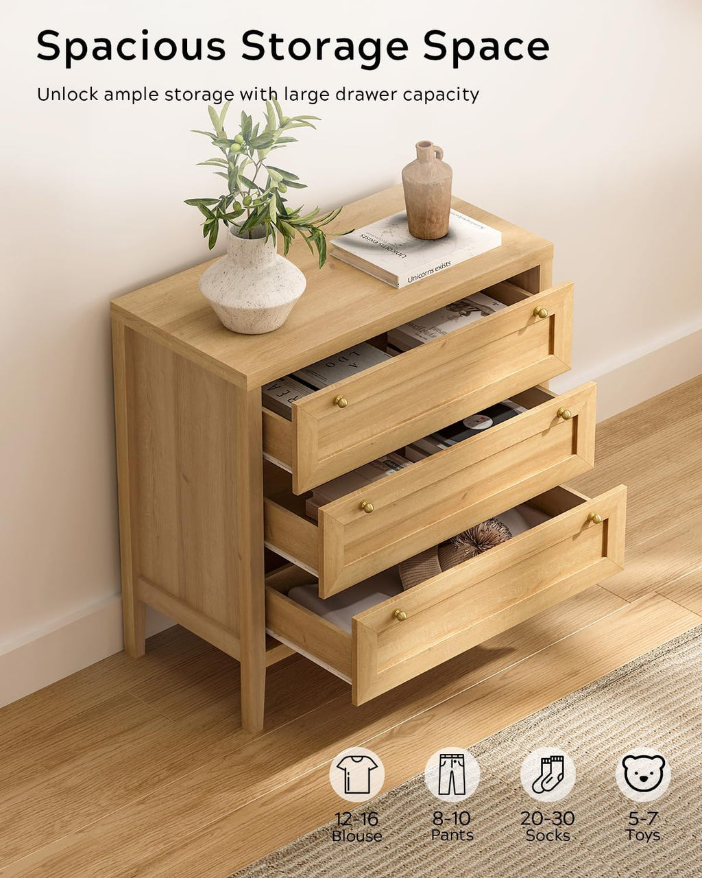 EYYTHUNG 3 Drawer Dresser Set of 2 for Bedroom, Modern Chest of Drawers with Golden Handles, Large Wood Nightstand, Storage Dresser Cabinet Side Table for Living Room, Hallway, Natural Oak