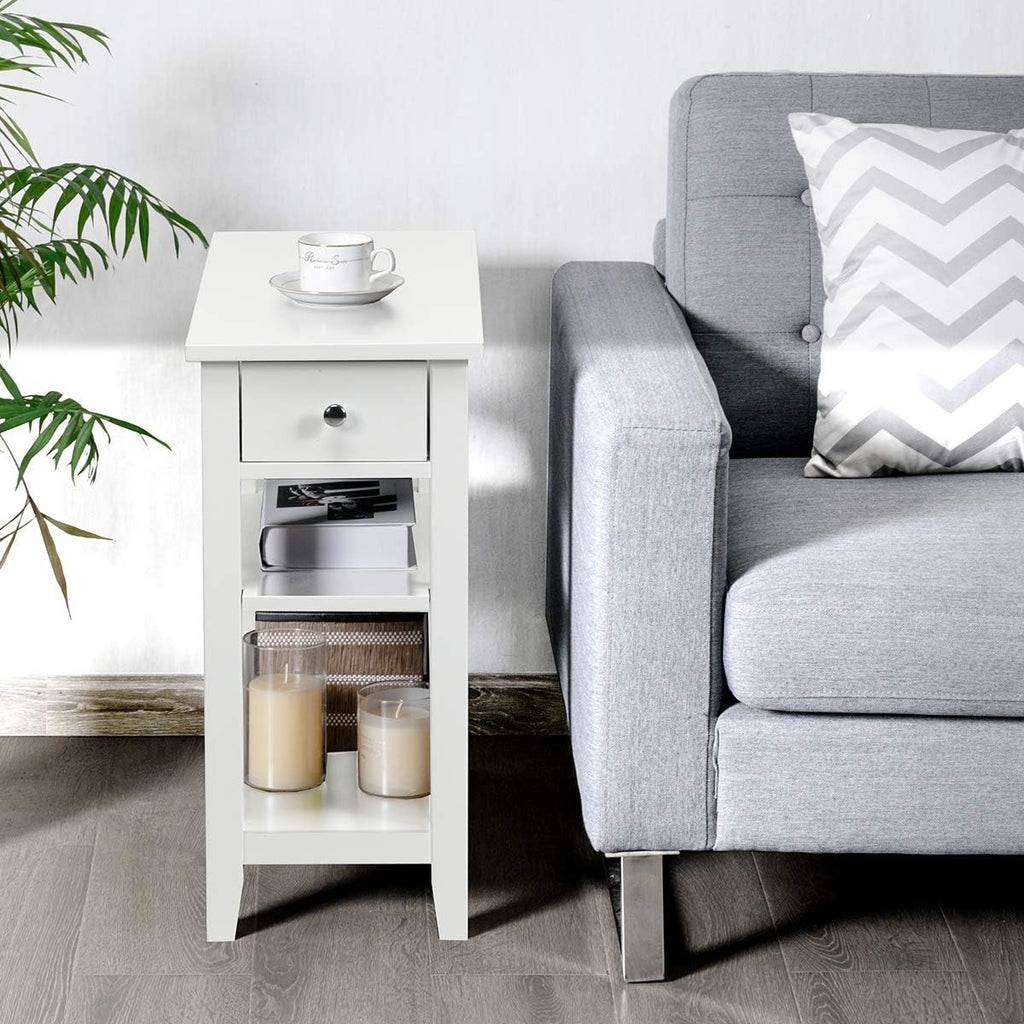 Giantex Narrow End Table Set of 2, Small Side Table with Drawer and Shelf, Wood Accent Sofa Table, Skinny Nightstand for Small Space Living Room Bedroom, White