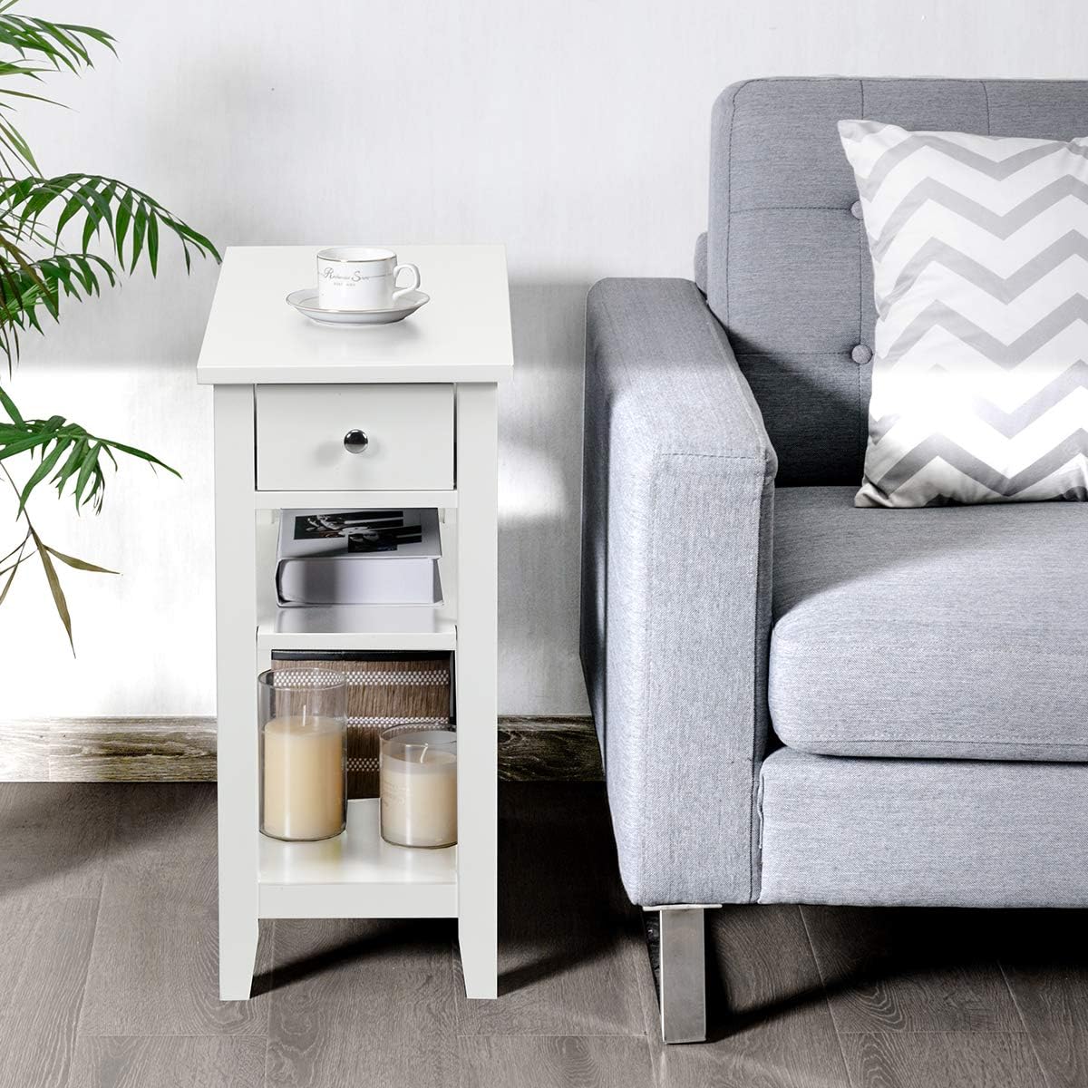 Giantex Narrow End Table Set of 2, Small Side Table with Drawer and Shelf, Wood Accent Sofa Table, Skinny Nightstand for Small Space Living Room Bedroom, White