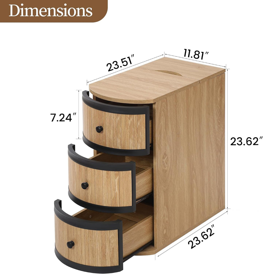 BERRYMERRY Narrow End Table Set of 2 with Charging Station, Modern Slim Nightstand Bedside Table with 3 Drawers for Bedroom Living Room, Natural, 11.81' W x 23.51' D x 23.62' H
