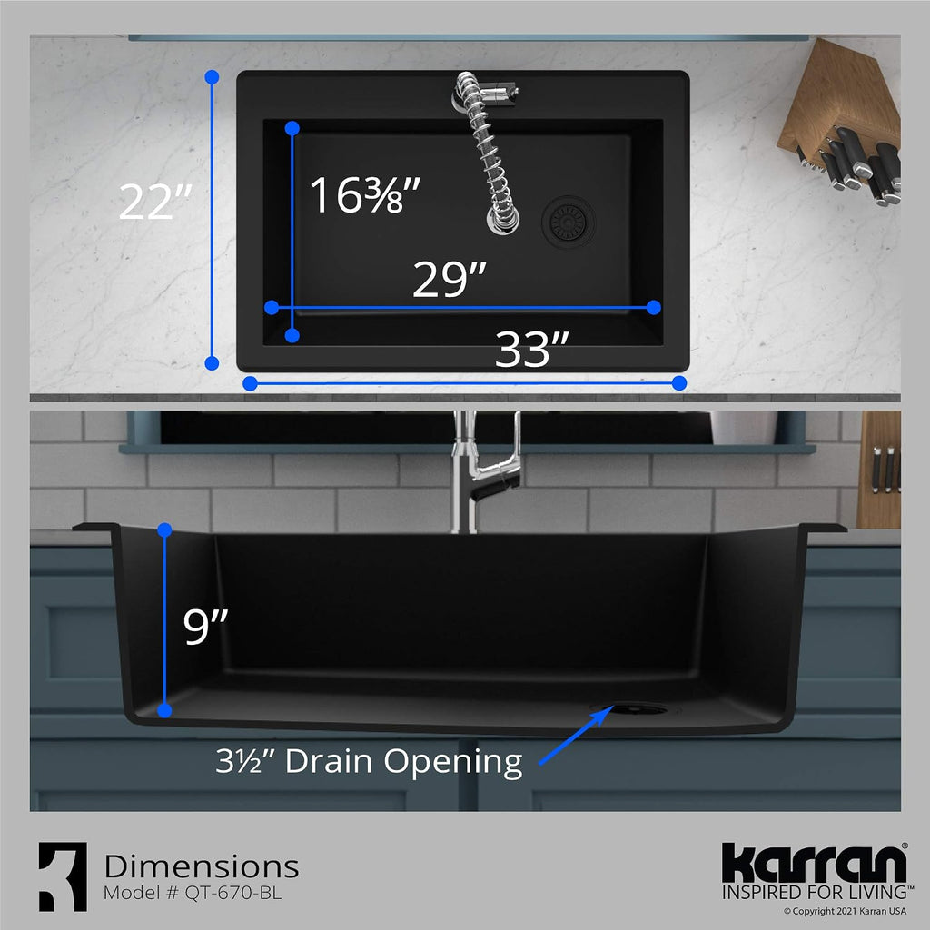 Karran QT-670 Drop-In/Top Mount 33' Single Bowl Granite Quartz Composite Kitchen Sink in Black Right Side Drain, Extra Deep 9' Basin, Heat & Scratch Resistant, Sound Dampening