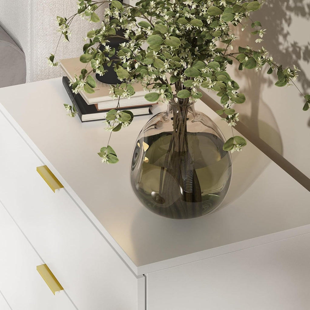 Large White Nightstand Modern End Table with 3 Drawers, Gold Metal Handles & Legs, Bed Side Table for Living Room, White and Gold, 31.5'W x 15.7'D x 29.5'H