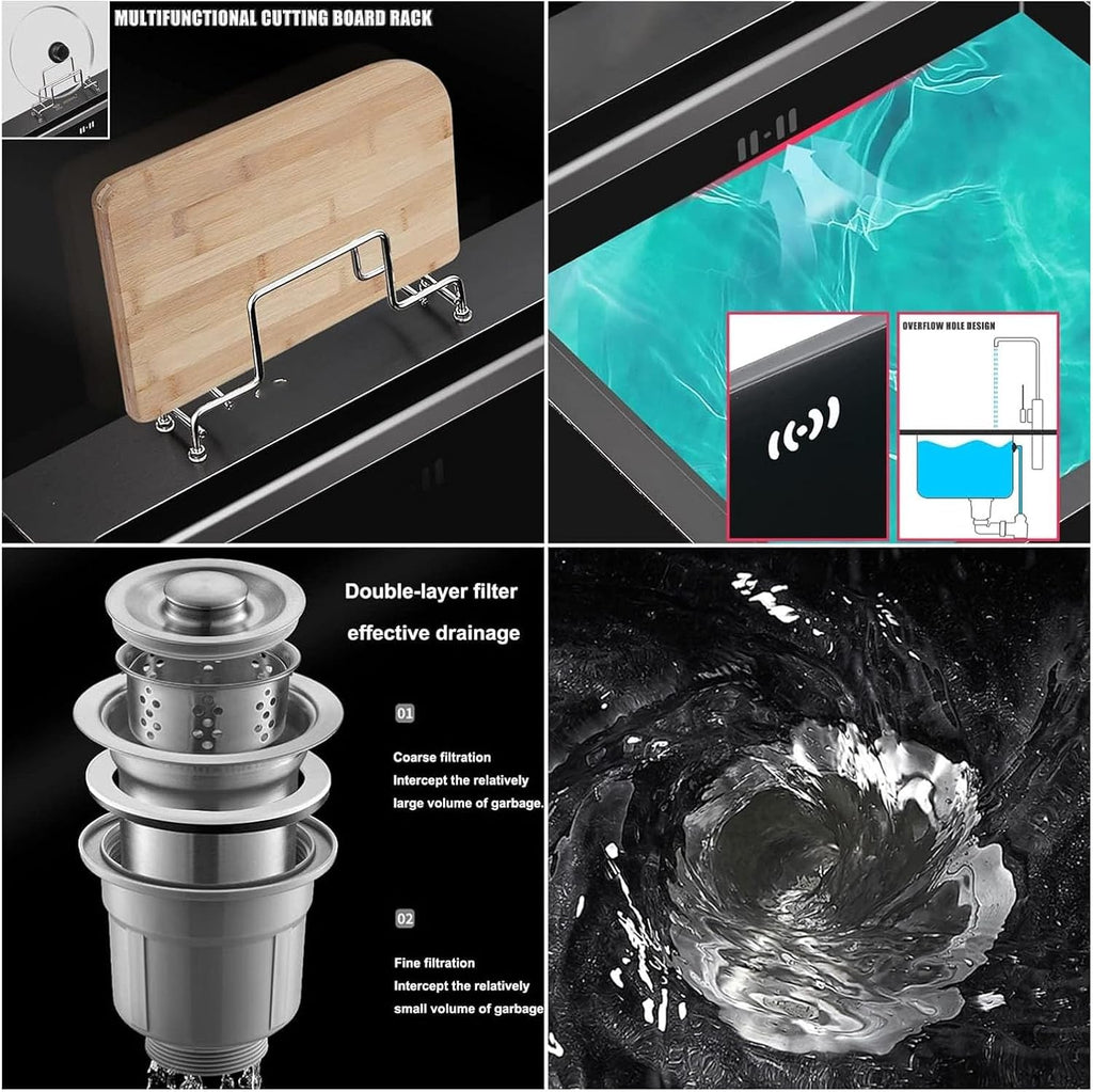 Black Nano Stainless Steel Kitchen Sink Double Bowl Bar Sinks Rv Sink with with Square Faucet & Sink Accessories Drop-in Or Undermount (Color : Black, Size : 75x46x22cm) (Black 75x46x22cm)