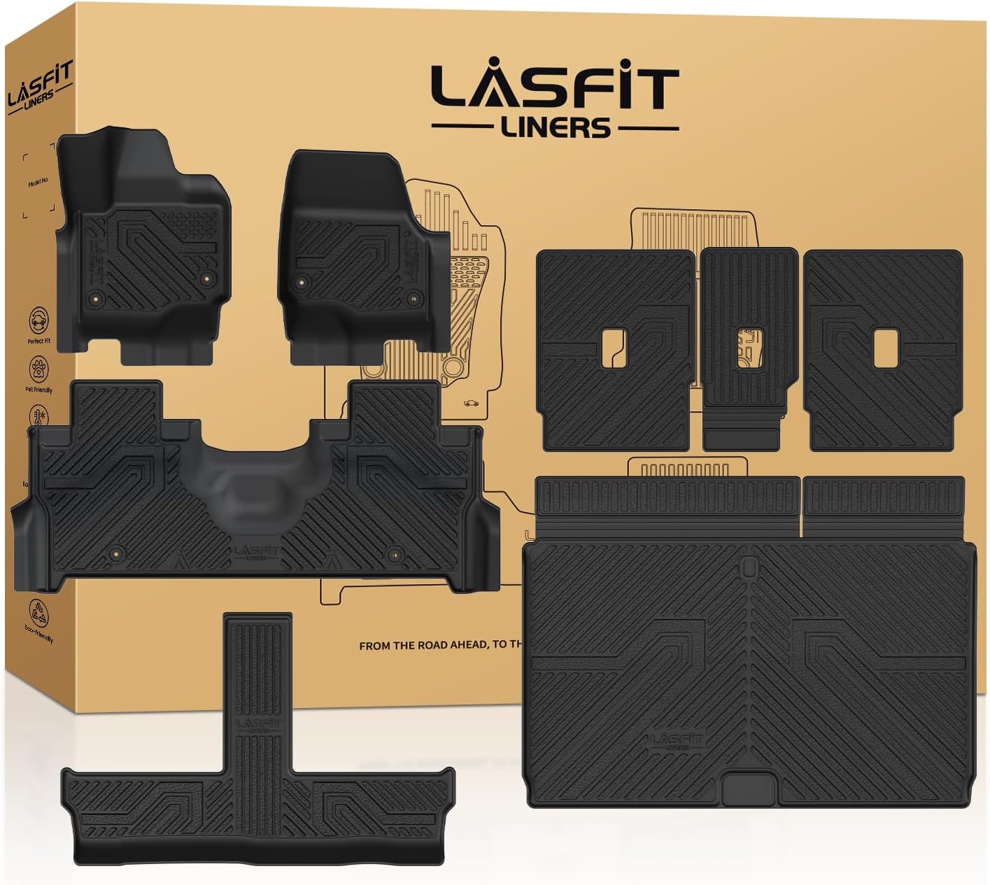 LASFIT Floor Mats&Cargo with Backrest Mats for 8 Seats 2025 2026 2027 Ford Expedition MAX, All Weather TPE Custom Fit for Car Liners, 1st& 2nd& 3rd, (Only Fit 3rd Row 40/20/40 Split Bench seat) 5pcs