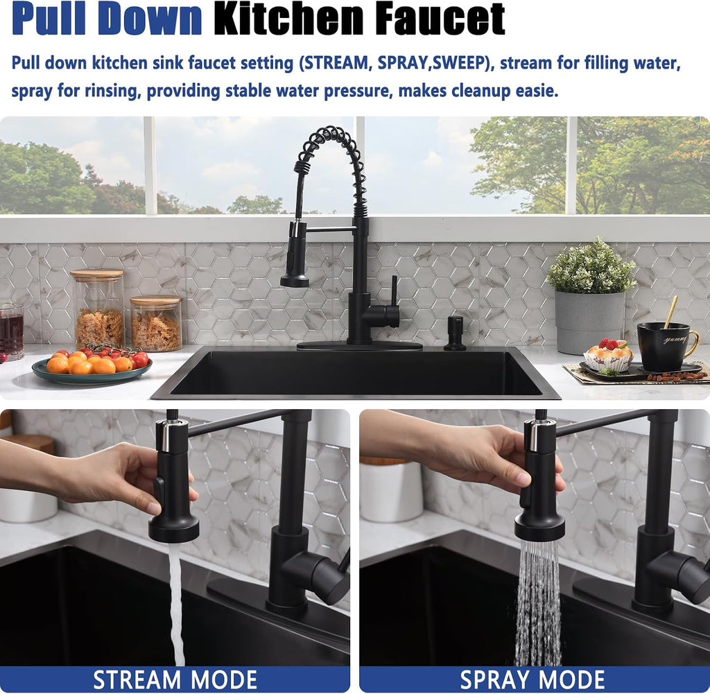 25 Inch Black Drop In Kitchen Sink with Faucet Combo - 25x22 Black Stainless Steel Drop In Sink and Faucet Combo, Single Bowl Kitchen Sink Drop In with Soap Dispenser & Accessories