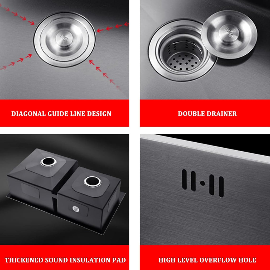 Double Bowl Kitchen Sink 304 Stainless Steel Bar Sink He Multifunctional RV Sink with Faucet and Counter Control Button Drop-in Or Under Mount (Color : Black-c, Size : 75x40x20cm)