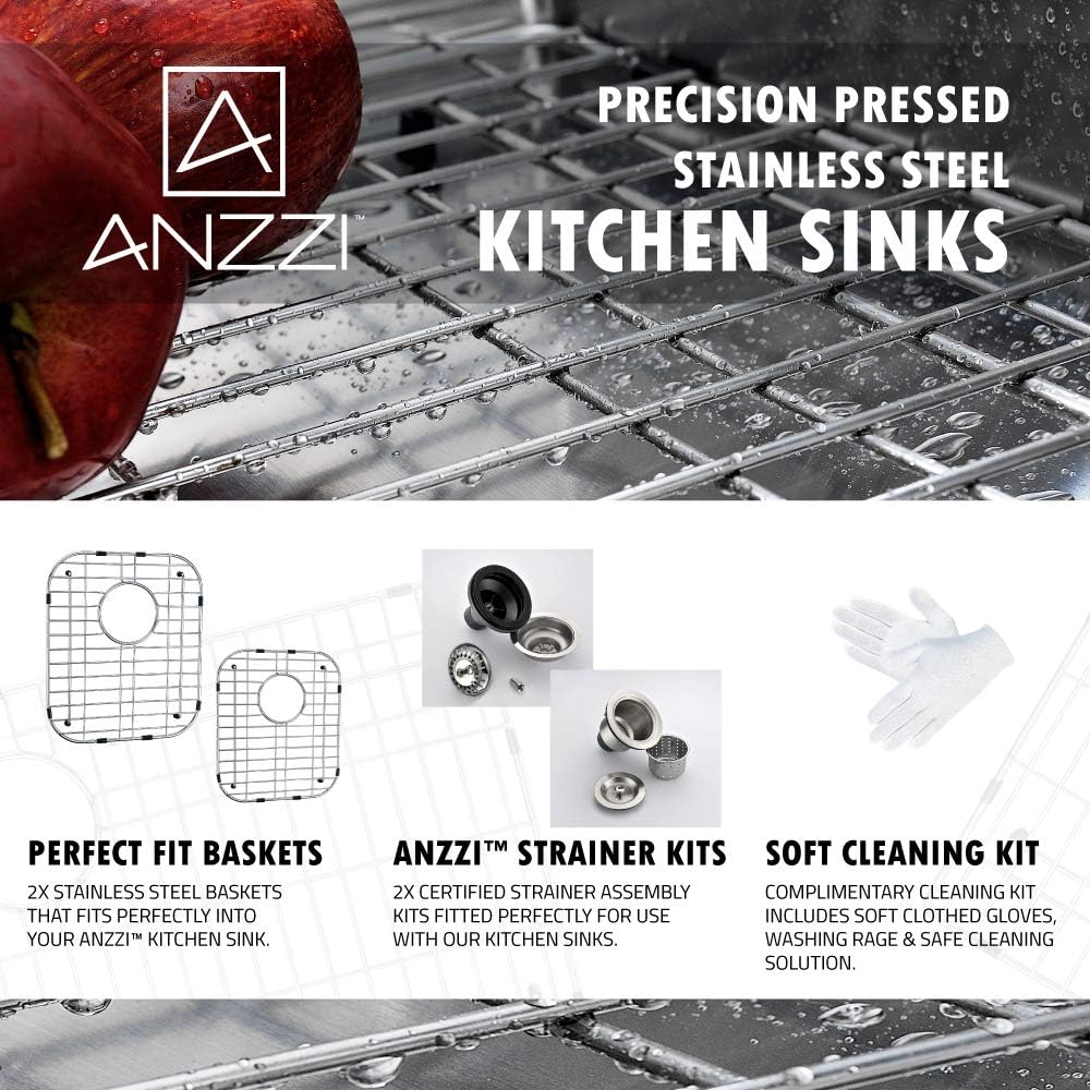 ANZZI Moore 32 Inch 304 Stainless Steel Undermount Double Kitchen Sink with 60/40 Split, 16 Gauge Deep Soak Dual Basin Bowl Kitchen Sink with Bottom Grid, Strainer, and Drain, K-AZ3220-3B