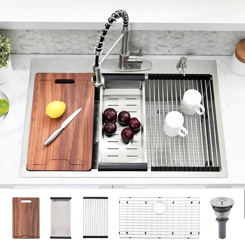 33 Inch Drop In Kitchen Sink Workstation - 33 x 22 Inch Drop In Sinks 16 Gage Stainless Steel Topmount Sinks Single Bowl 10'' Deep Handmade Above the Counter sink with Cutting Board& Strainer