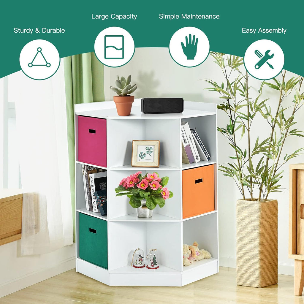 Costzon 9-Cubby Kids Bookcase with Large Storage Drawers, Children's Corner Cabinet with 6 Cubes and 3 Shelves, Wooden Storage Sideboard Suitable for Kids Room Playroom Classroom (White)
