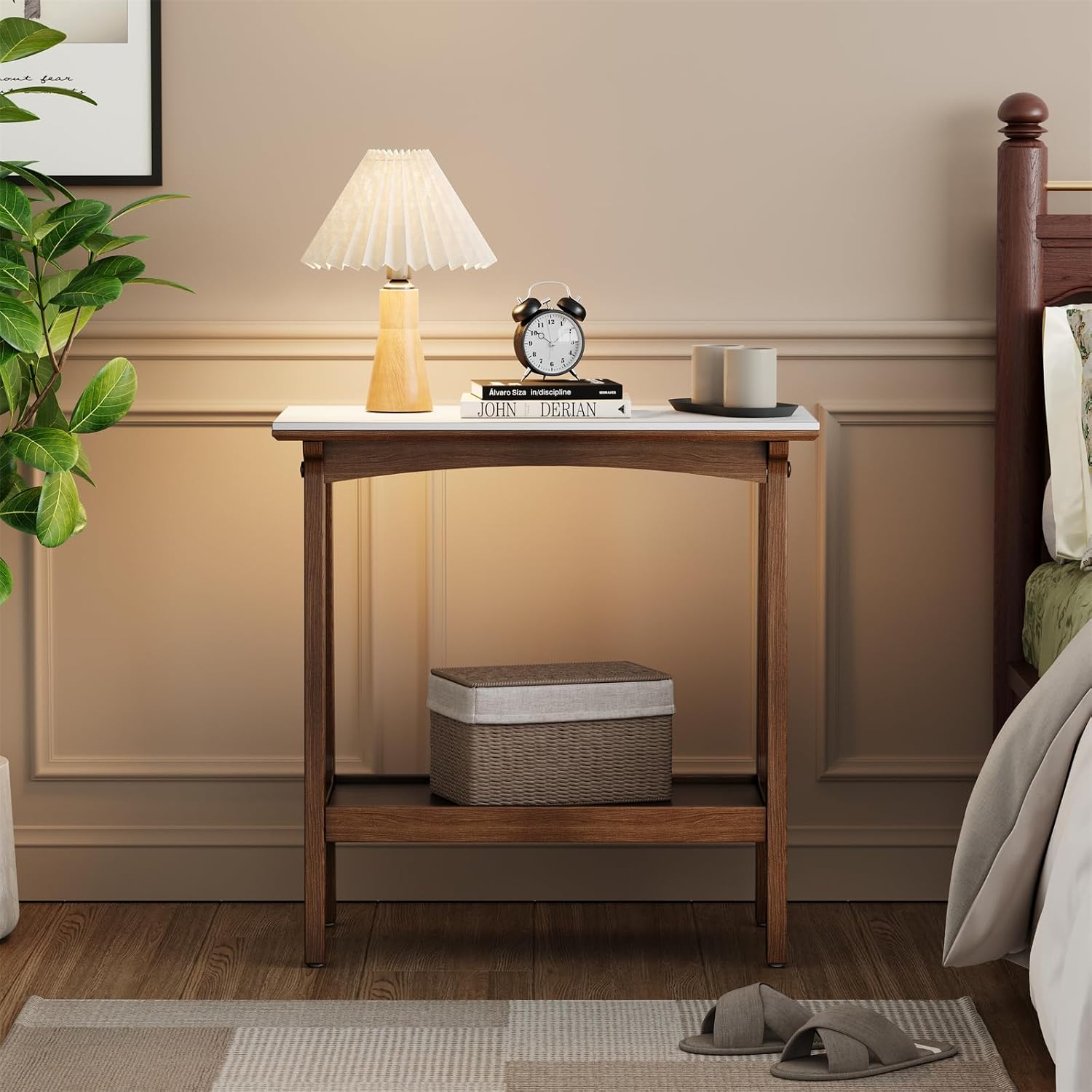 Narrow Side Table with Storage Shelf, Small End Tables Living Room, Mid Century Modern Wood End Table Sofa Table for Small Space (Retro Brown)
