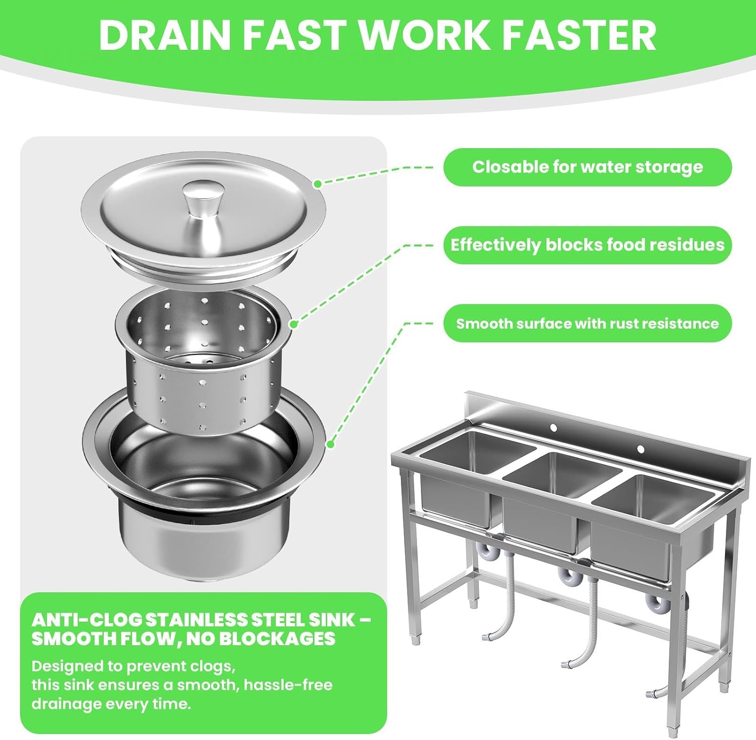 Stainless Steel 3 Compartment Sink Commercial Grade, Undermount Utility Sink for Restaurant Bar Kitchen, Easy-Clean Triple Bowl Prep Sink (3 Compartment)