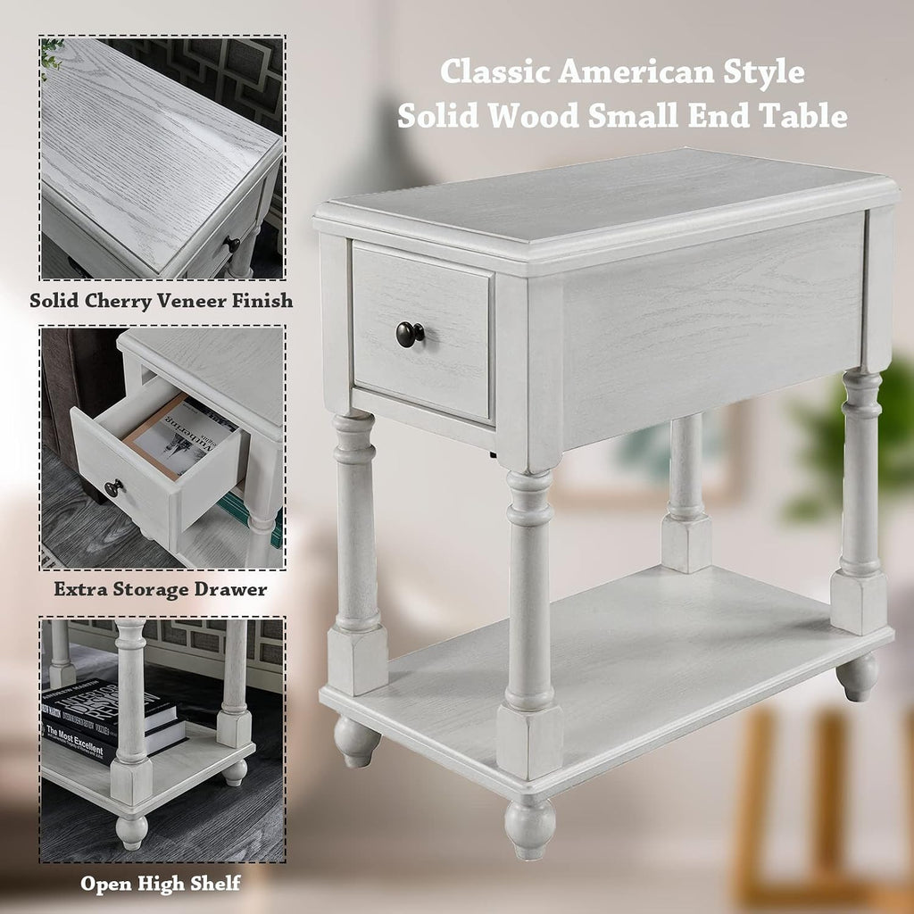 Narrow Open End Table with Drawer, Solid Wood Side Table 2-Tier Skinny Table with Storage Shelves Slim Nightstand Small Sofa End Table for Living Room Bedroom-Antique White 004RW