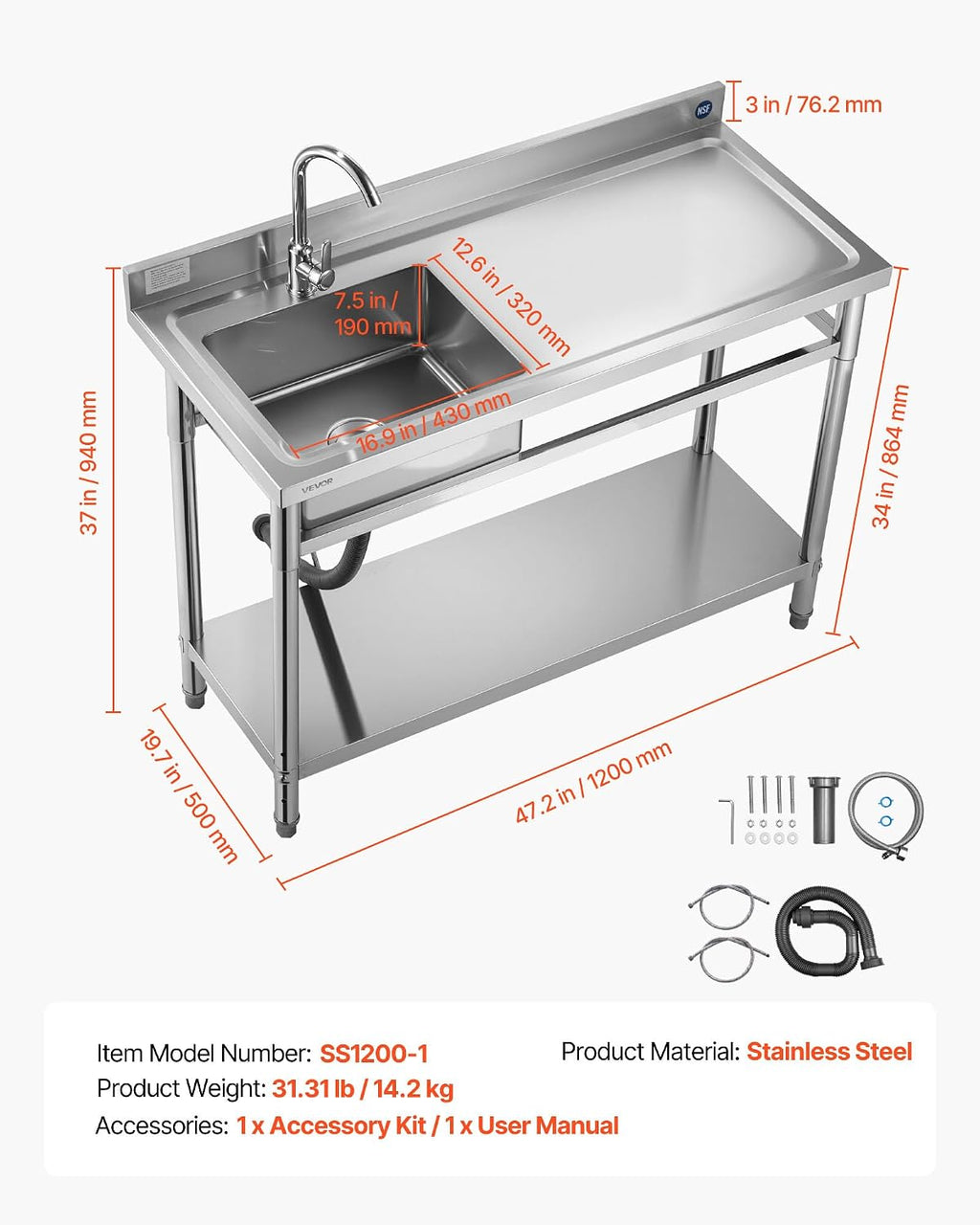 VEVOR Stainless Steel Utility Sink, Free Standing Single Bowl Commercial Kitchen Sink with Faucet, Utility Right Basin Workbench with Hot & Cold Water Pipe for Garage Restaurant Laundry, 47x19.7x37 in