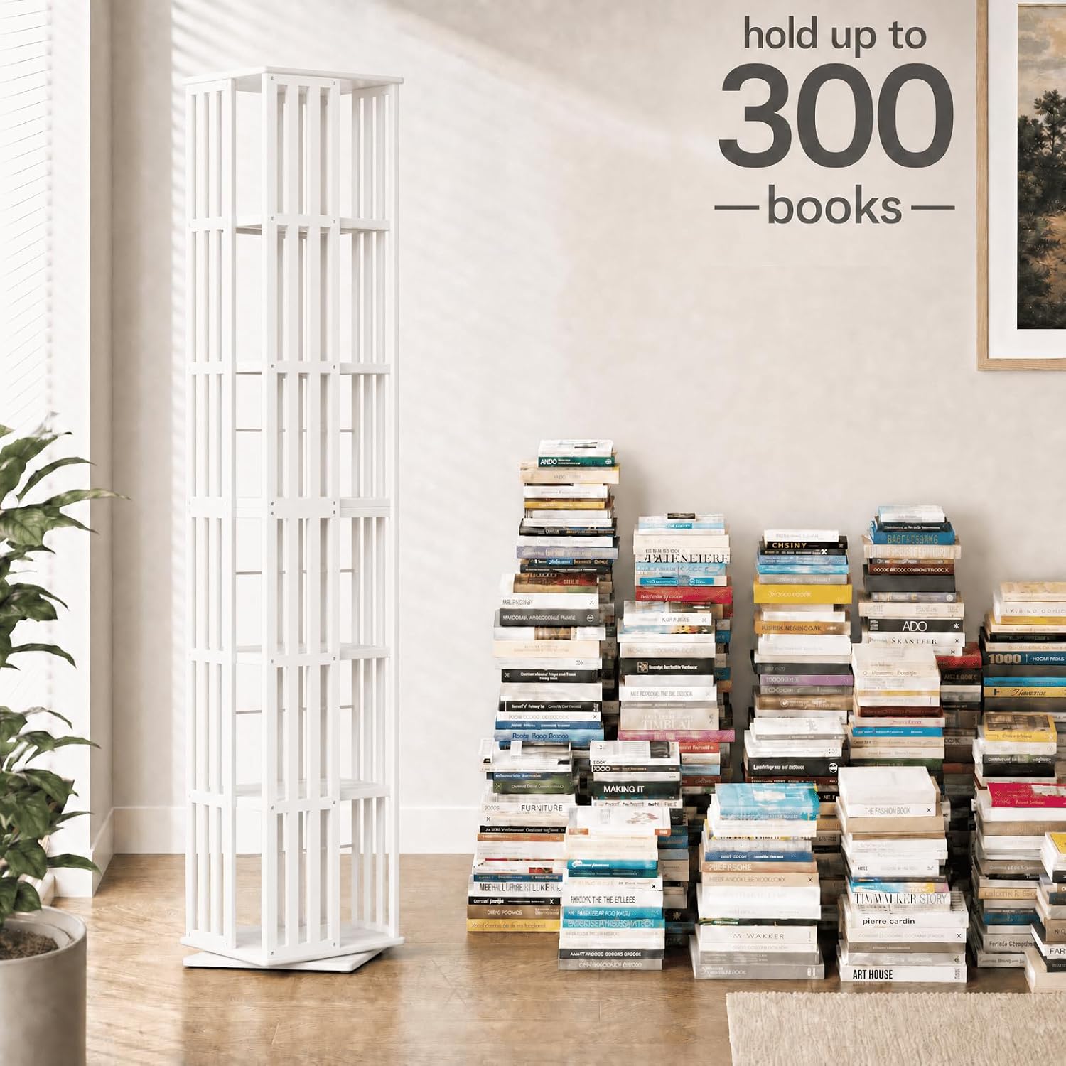 Lauxery Rotating Bookshelf Tower– 6 Tier 360° Bamboo Spinning Book Shelves| Space-Saving Tall Square Revolving Bookcase for Small Space, Living Room, Bedroom & Office | White Corner Bookshelf