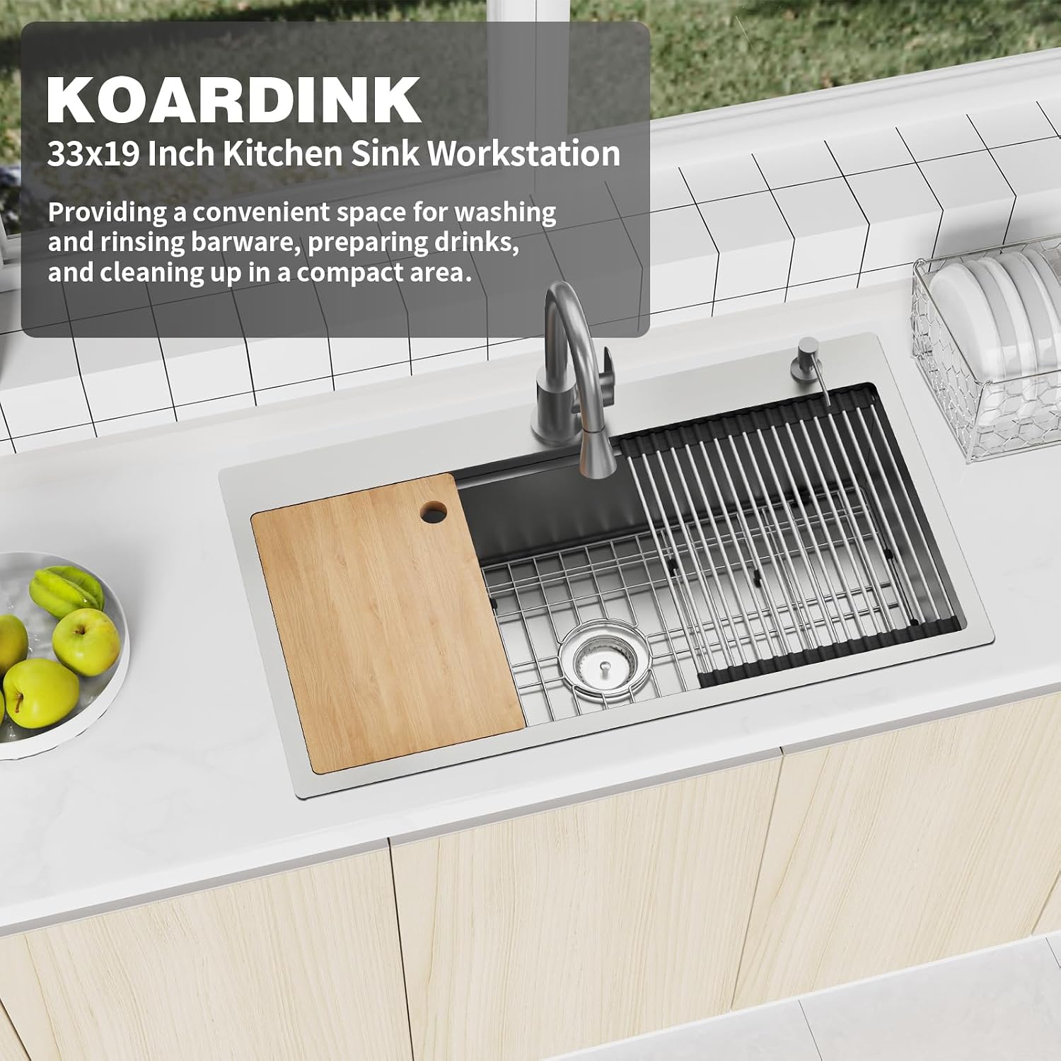 Kitchen Sink Workstation, 33x19 In Stainless Steel Drop In Modern Large Single Bowl Workstation Sink Gift Combo-SS Grid,Drying Rack,SS Colander,Cutting Board,Drain Assembly For Various Kitchen Style