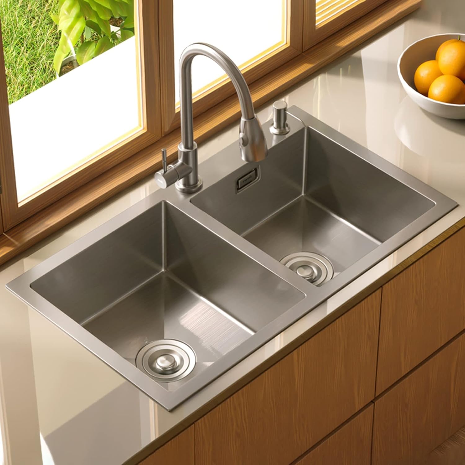 304 Stainless Steel Kitchen Sink Silver Double Bowl Bar Prep Sink RV Sink with Drain Pipe and Installation Kit Drop in Or Undermount (Color : NO Faucet, Size : 72x40x21cm) (Chave Faucet 82x45x21c