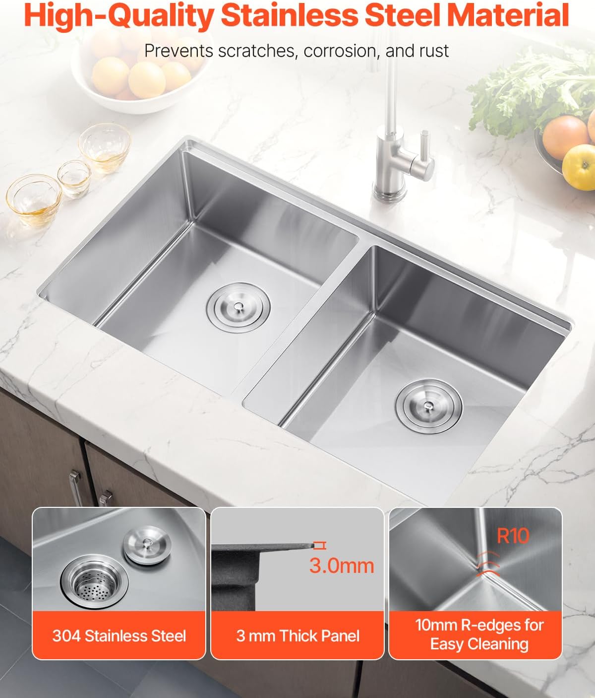 VEVOR 33 inch Kitchen Double Sink, 304 Stainless Steel Undermount Sink Drop-In Single Bowl Farmhouse Basin with Ledge & Multiple Accessories, Household Dishwasher Sinks for Prep Kitchen, Bar 33'*19'