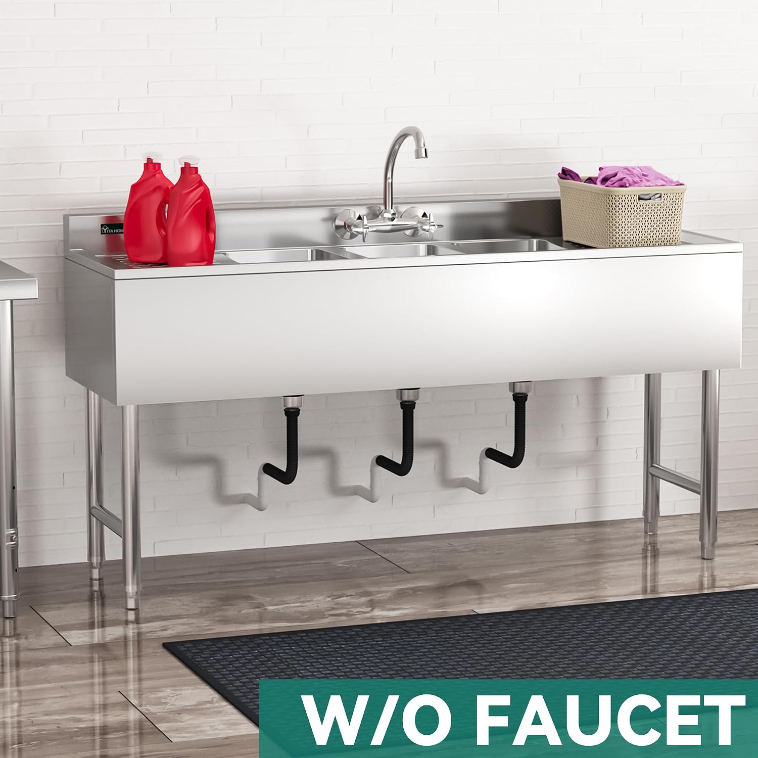 YITAHOME 60inch 3 Compartment Commercial Bar Sink with Drainboards, NSF Heavy-Duty Stainless Steel Freestanding Prep Utility Sink for Restaurant Kitchen