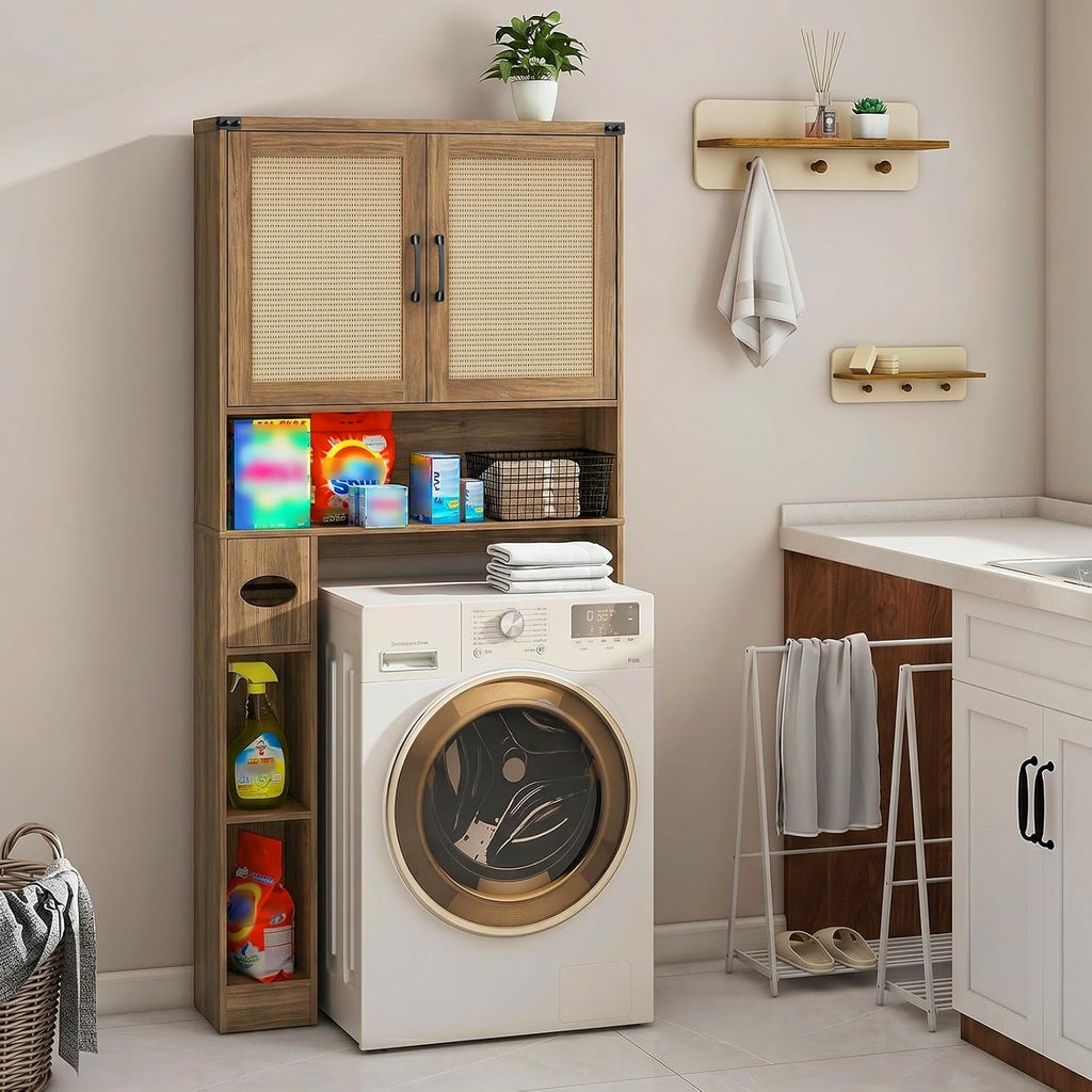 Vabches Over The Toilet Storage Cabinet, Farmhouse Storage Cabinet Over Toilet with 2 Rattan Barn Doors & Home Space-Saving Toilet Rack, for Bathroom, Restroom, Laundry. Rattan