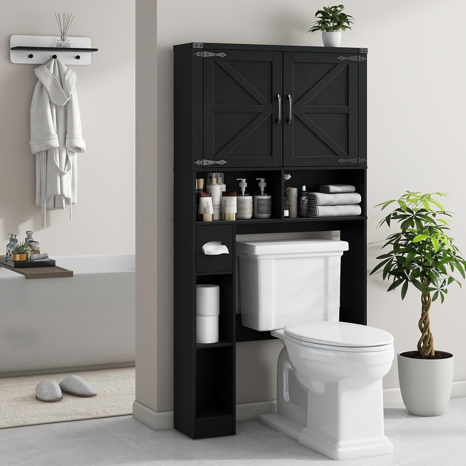 Vabches Over The Toilet Storage Cabinet, Farmhouse Storage Cabinet Over Toilet with 2 Barn Doors && Toilet Paper Holder Stand，Home Space-Saving Toilet Rack, for Laundry, Restroom, Bathroom.Pure Black