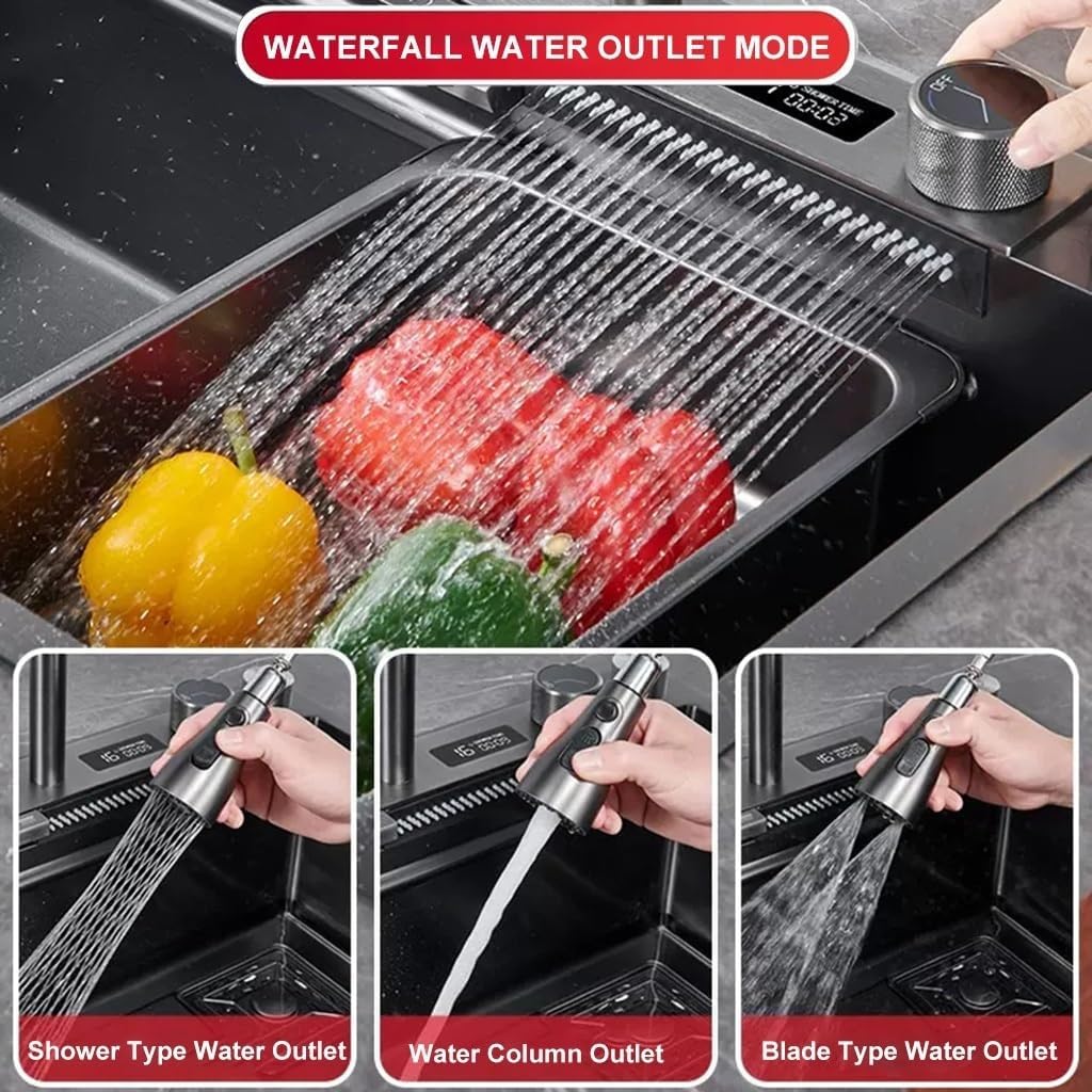 Stainless Steel Single-Bowl Kitchen Sink with Waterfall Design Workstation Sink with Black Grey Finish Waterfall Pull-Down Faucet and Complete Accessory Set (Black 75x46x22cm)