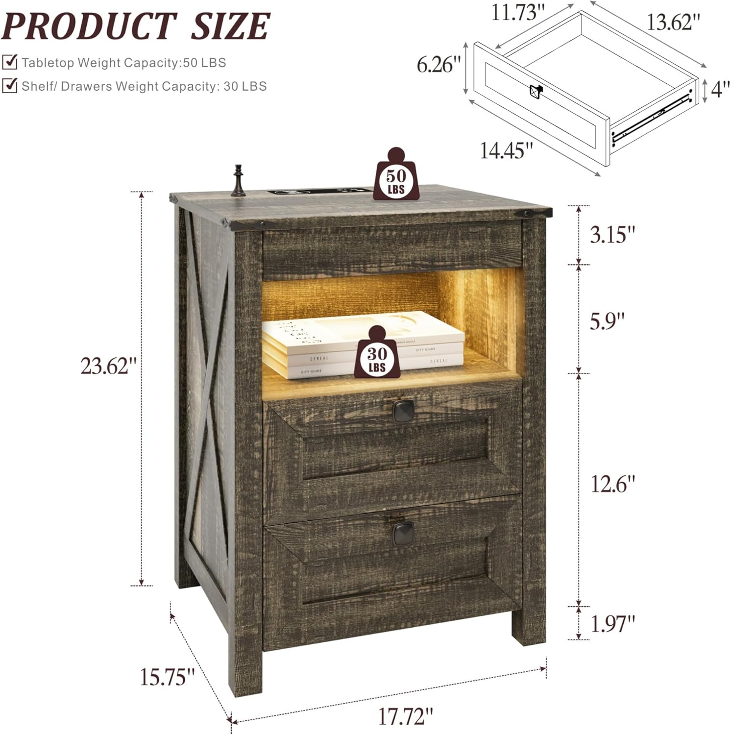 Farmhouse LED Nightstand with Gun Drawer&Invisible Lock,Modern Bedside Table with Human Sensor Design,Rustic Side Table with Wireless Charging for Living Room, Dark Oak
