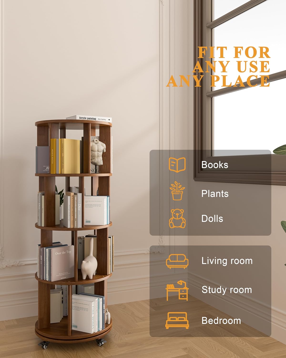 4-Tier Solid Wood Rotating Bookshelf on Wheels, 360° Spinning Book Shelf Tower, Round Revolving Bookcase Organizer, Rolling Bookshelves for Small Spaces, Corner, Bedroom, Kids Room, Office, Walnut