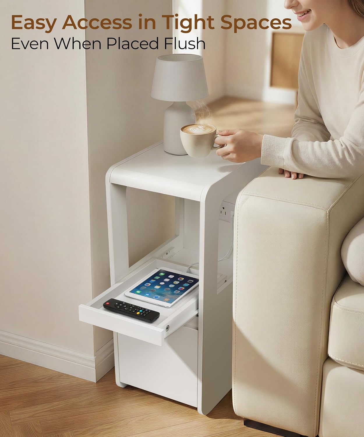 Narrow Side Table Small End Table with Charging Station White Skinny End Tables with Drawers Slim Wood Nightstand Modern Couch Sofa Side Tables Tray for Living Room Bedroom Small Spaces
