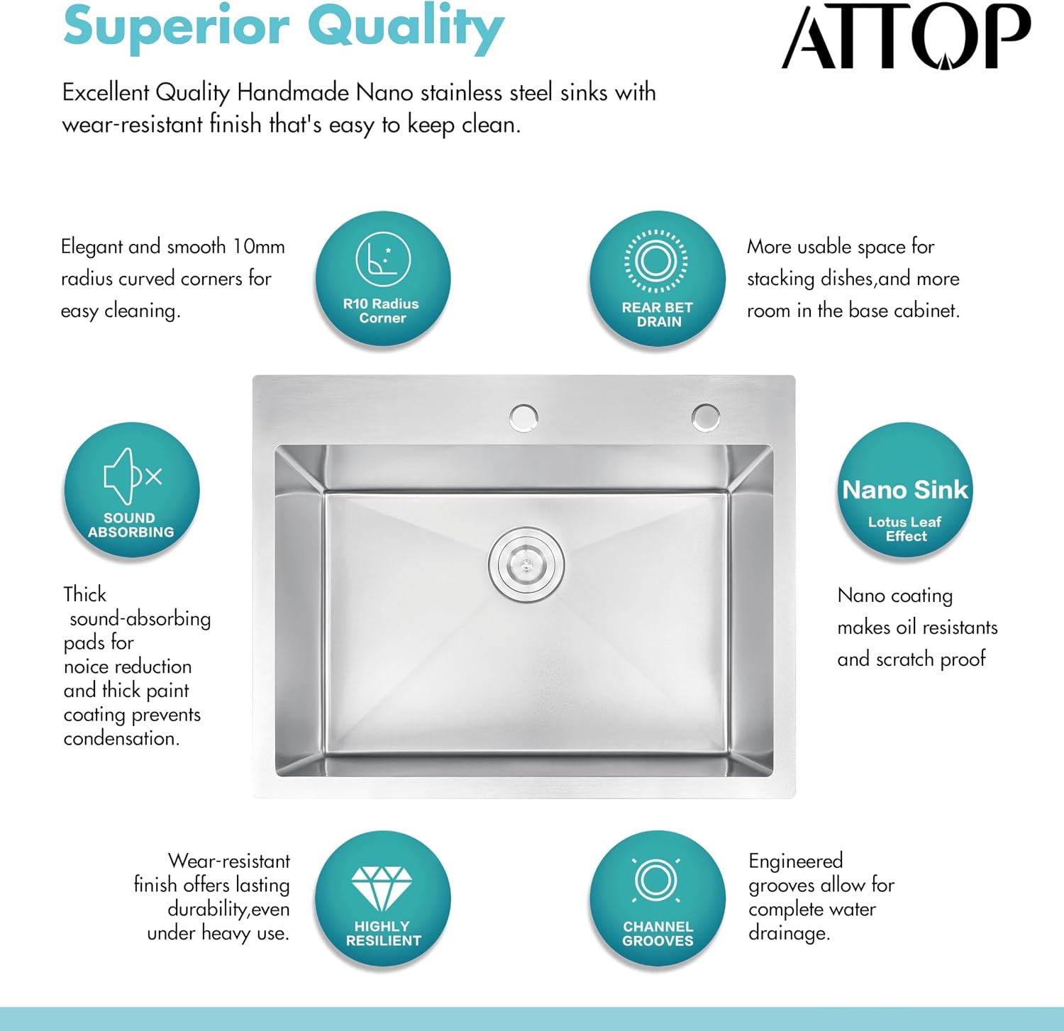 ATTOP Drop in Kitchen Sink Single Bowl,Nano Coating 28 Inch Stainless Steel Handmade Single Bowl Drop-in Sink