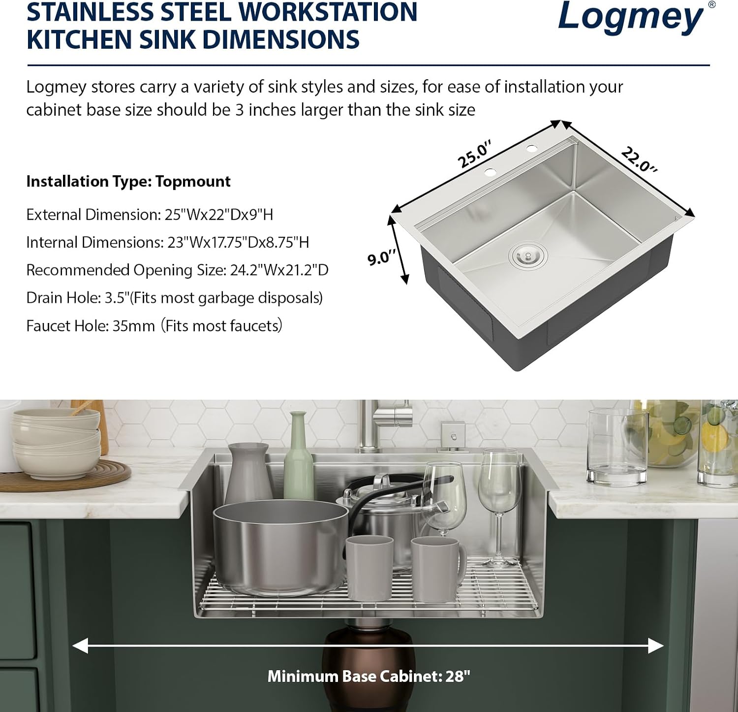 25x22 Drop in Kitchen Sink 25x22x9 Inch Workstation Stainless Steel Sinks 16 Gauge Topmount Single Bowl Kitchen Bar Sink Bowl