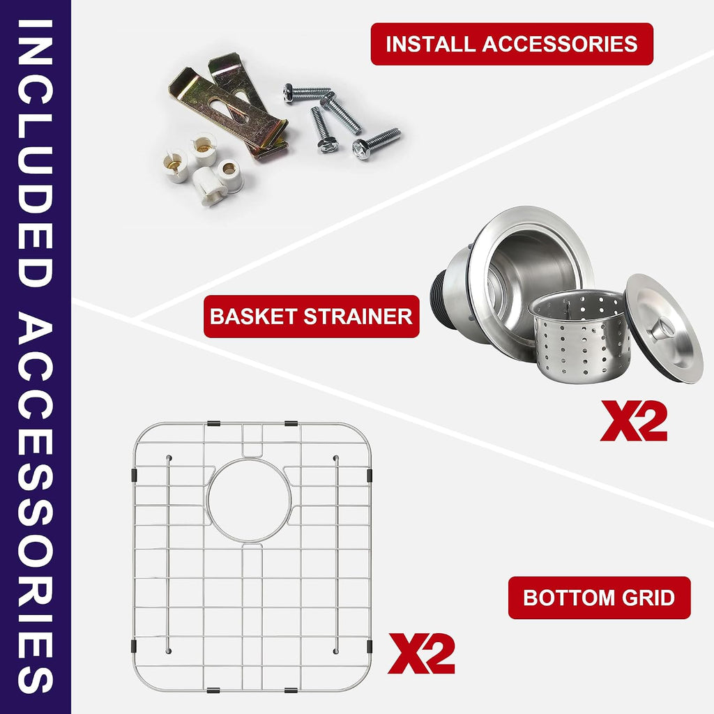 32 Inch Double Bowl Kitchen Sink 304 Stainless Steel 50/50 Undermount 18 Gauge Curved Shape Round Corner Sinks with Strainer and Protected Grid 32' x 18' x 9'