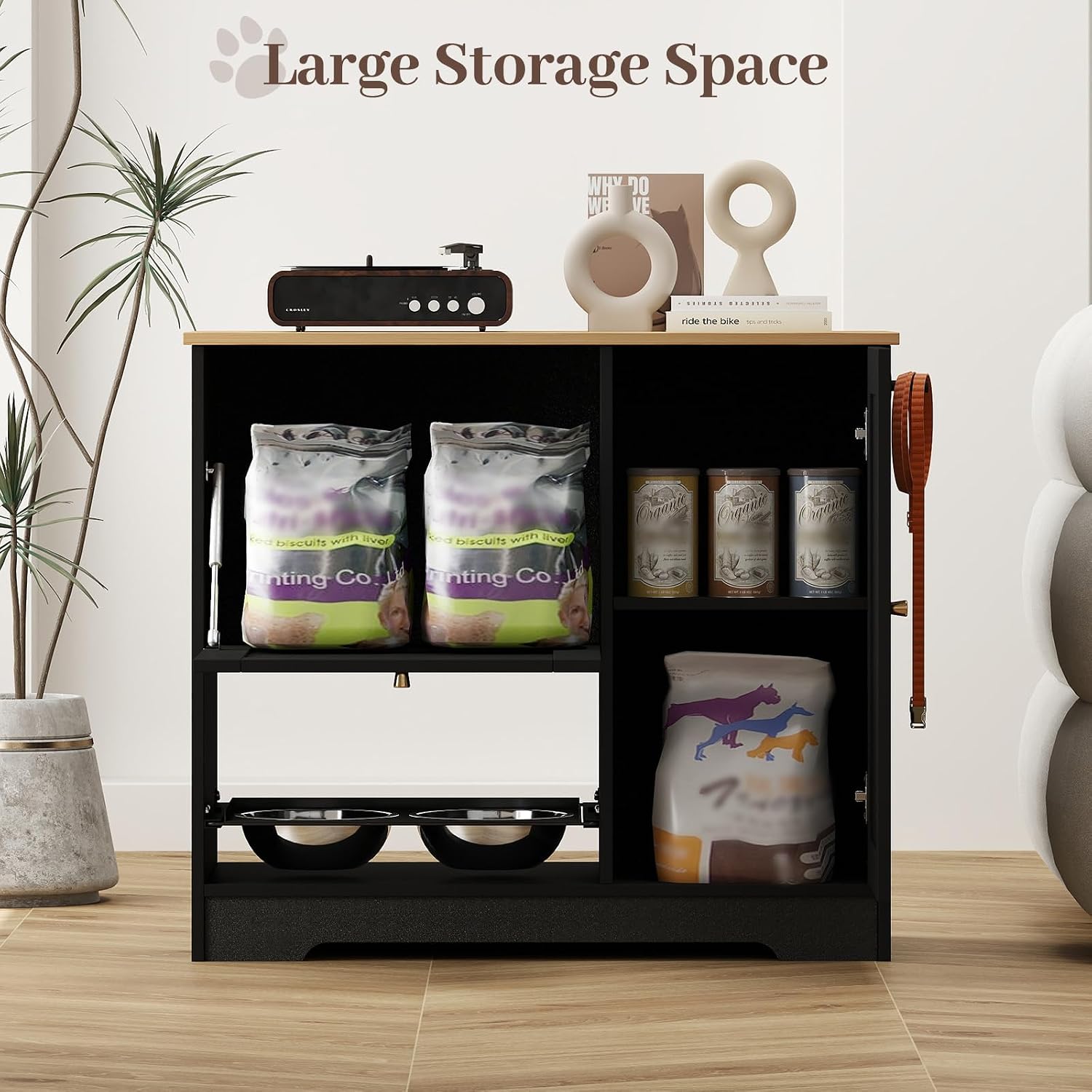 Rovibek Dog Feeding Station with with 2 Elevated Dog Bowls, Dog Food Storage Cabinet with with Storage and Hooks, Hidden Pet Feeder Station Wood for Cats and Dogs, Black