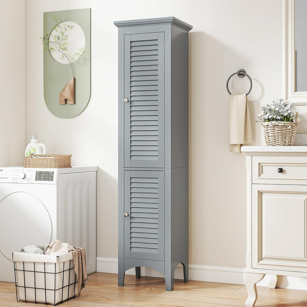 Tangkula 63' Tall Bathroom Storage Cabinet, Freestanding Narrow Linen Tower with Adjustable Shelf, Modern Slim Floor Cabinet with 2 Doors for Bathroom, Living Room, Kitchen (Grey)