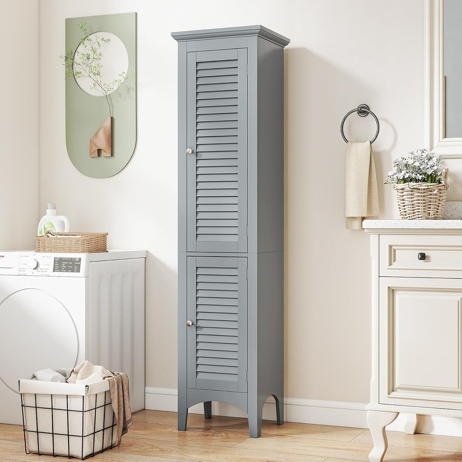 Tangkula 63' Tall Bathroom Storage Cabinet, Freestanding Narrow Linen Tower with Adjustable Shelf, Modern Slim Floor Cabinet with 2 Doors for Bathroom, Living Room, Kitchen (Grey)