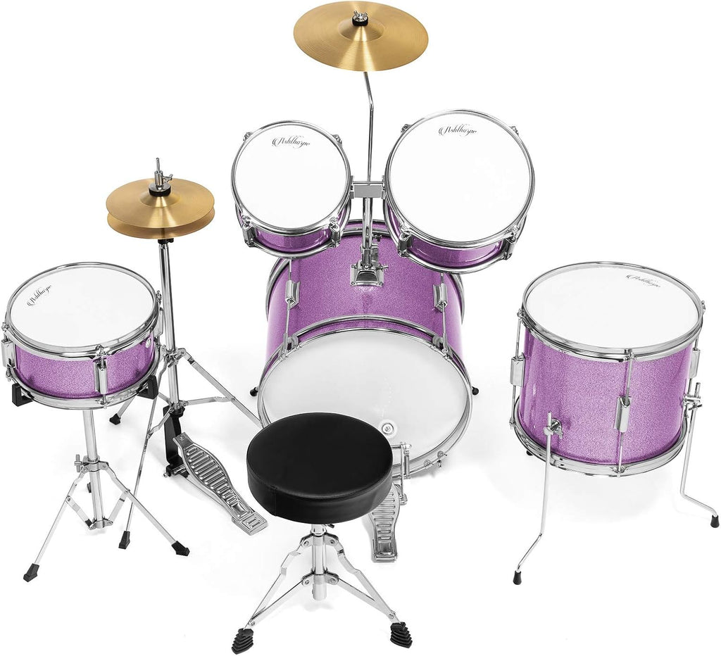 Ashthorpe 5-Piece Complete Junior Drum Set with Genuine Brass Cymbals - Advanced Beginner Kit with 16' Bass, Adjustable Throne, Cymbals, Hi-Hats, Pedals & Drumsticks - Purple