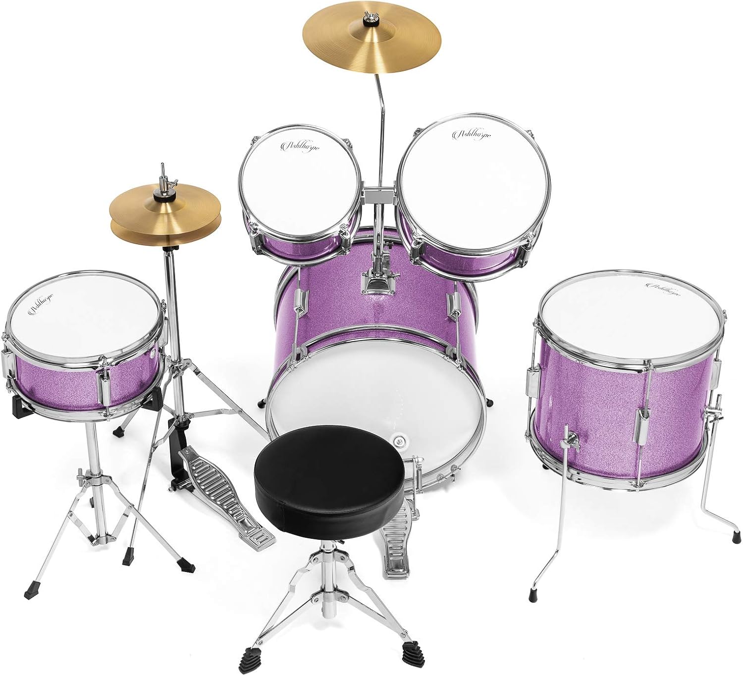 Ashthorpe 5-Piece Complete Junior Drum Set with Genuine Brass Cymbals - Advanced Beginner Kit with 16' Bass, Adjustable Throne, Cymbals, Hi-Hats, Pedals & Drumsticks - Purple
