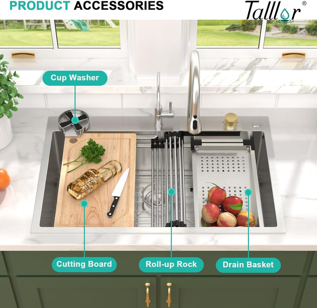 33x22 Drop In Stainless Steel Kitchen Sink with Faucet, Single Bowl Topmount Sink 16 Gauge, Waterfall Feature & Cup Washer, Workstation Accessories for Residential Kitchen #TLWF-0002