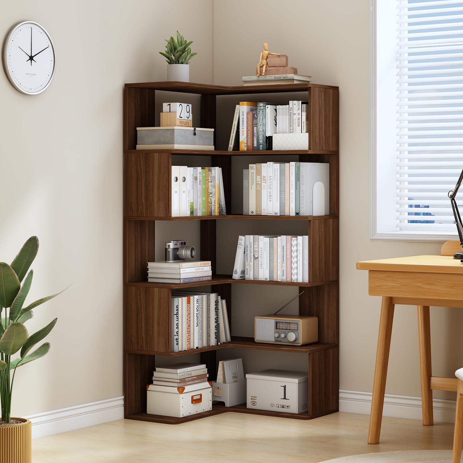 IOTXY 6-Tier L-Shaped Corner Bookshelf - 66' Tall Wooden Freestanding Bookcase with Open Shelf Units, Walnut