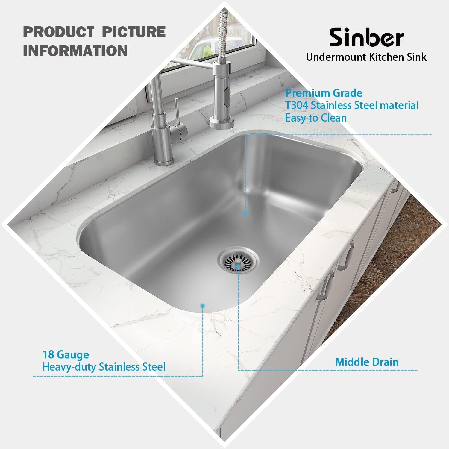 Sinber MU3118S 31' x 18' x 9' Undermount Single Bowl Kitchen Sink with 18 Gauge 304 Stainless Steel Satin Finish (Sink Only)