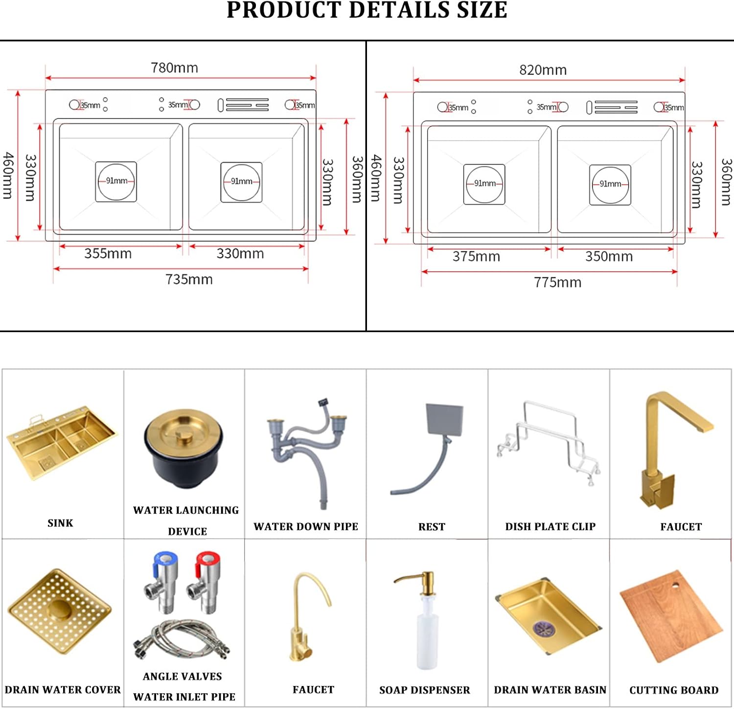 304 Stainless Steel Ro Kitchen Sink Gold Double Bowl Bar Prep Sink Multi-Purpose RV Sink with Faucet and Drain Assembly Drop in Or Under Mount (Color : Gold-a, Size : 78x46x24cm)