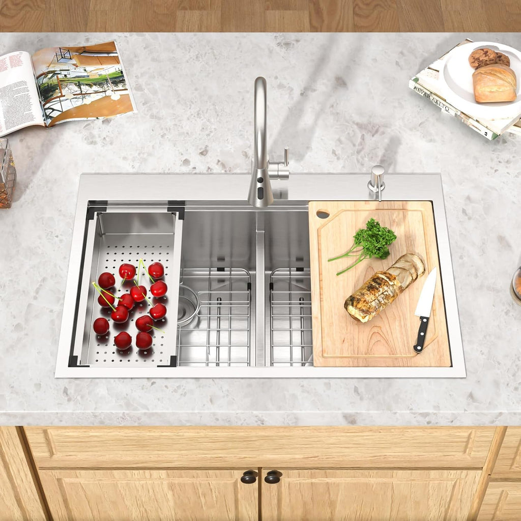 33x22 Double Bowl Drop In Kitchen Sink - Workstation All-In One 16 Gauge T-304 Stainless Steel Low Divide Topmount 2 Pre-drill Holes Sink with Accessories for Kitchen#TLDB-501