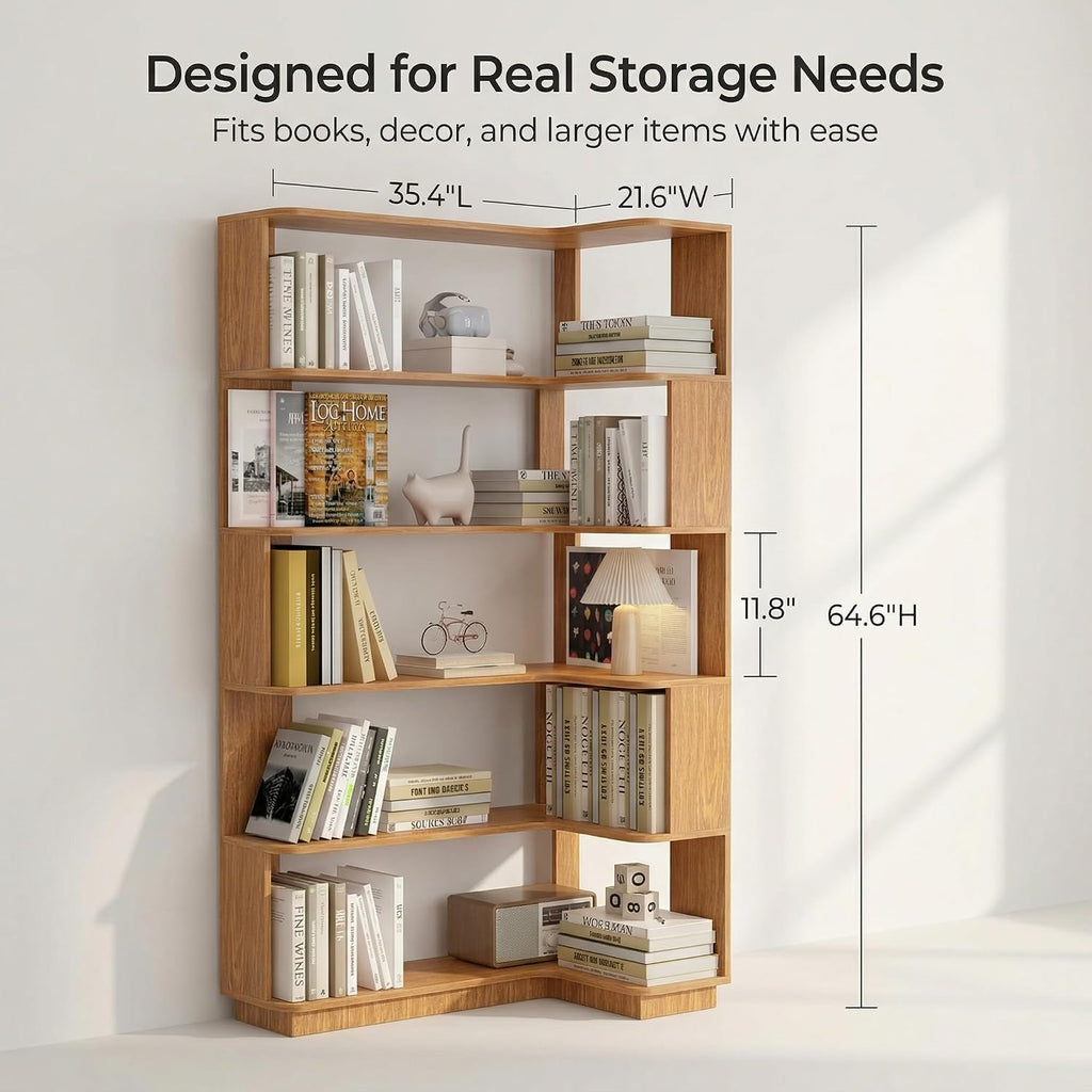 6 Tier Corner Bookshelf, Freestanding L-Shaped Wooden Bookcase with Open Shelves, Anti-Fall Panels and Anti-Tipping Device for Living Room, Home Office (Dark Oak with Left Extension)