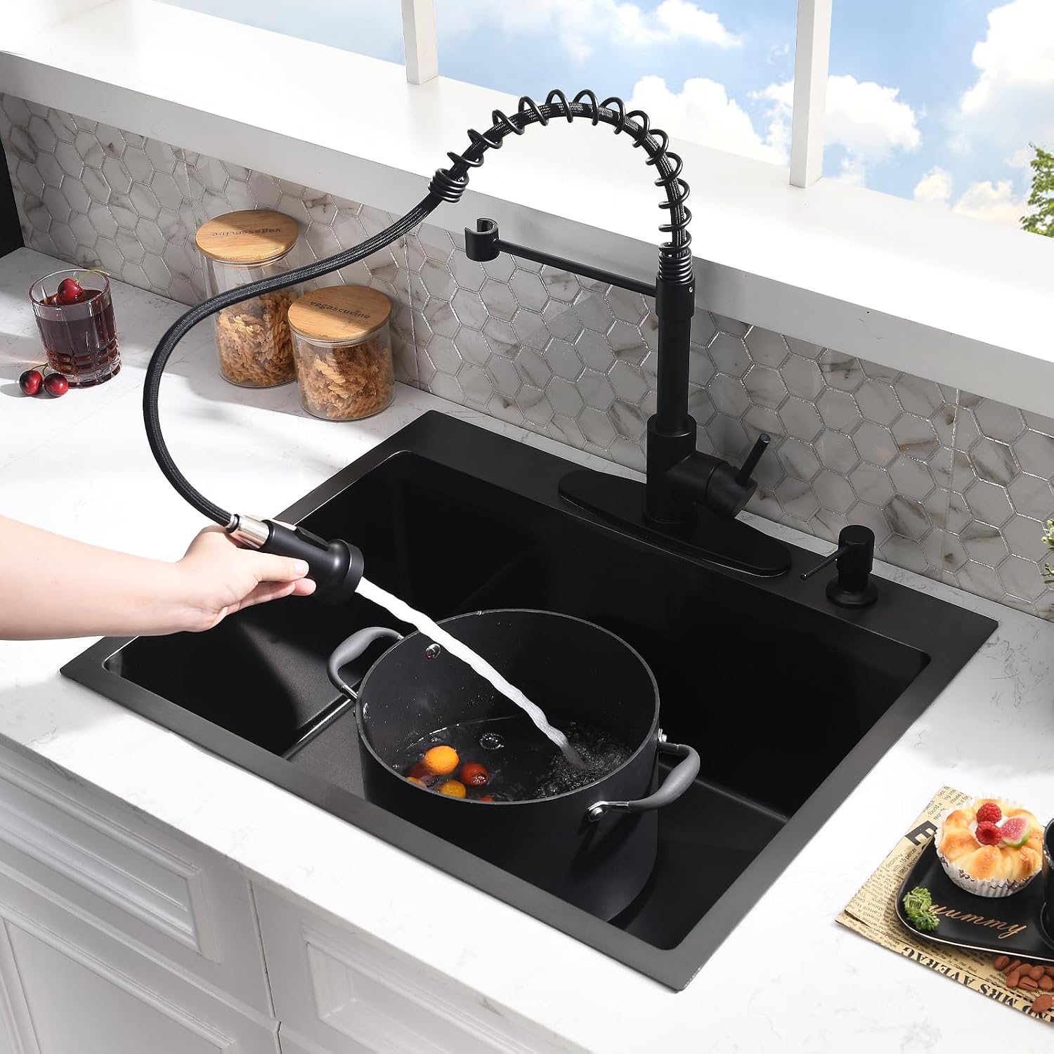 25 Inch Black Drop In Kitchen Sink with Faucet Combo - 25x22 Black Stainless Steel Drop In Sink and Faucet Combo, Single Bowl Kitchen Sink Drop In with Soap Dispenser & Accessories
